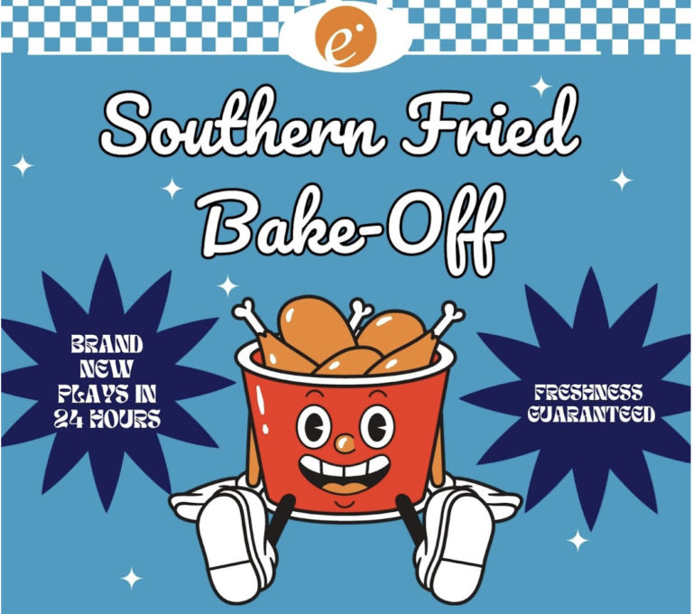 Red bucket of chicken, seated and smiling at the viewer, on a bue background with the text "Southern Fried Bake-Off" above it and the text "Brand New Plays in 24 Hours" and "Freshness Guaranteed" appearing in starbursts on either side.
