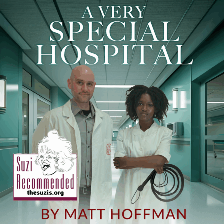 A doctor and a nurse stand side by side in a hospital hallway, the nurse holding a riding whip.