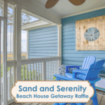 two blue adonirak chairs on the porch of a house with blue siding, looking out over the sand and the sea