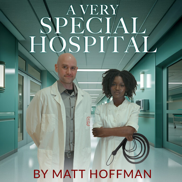 A doctor and a nurse stand side by side in a hospital hallway, the nurse holding a riding whip.